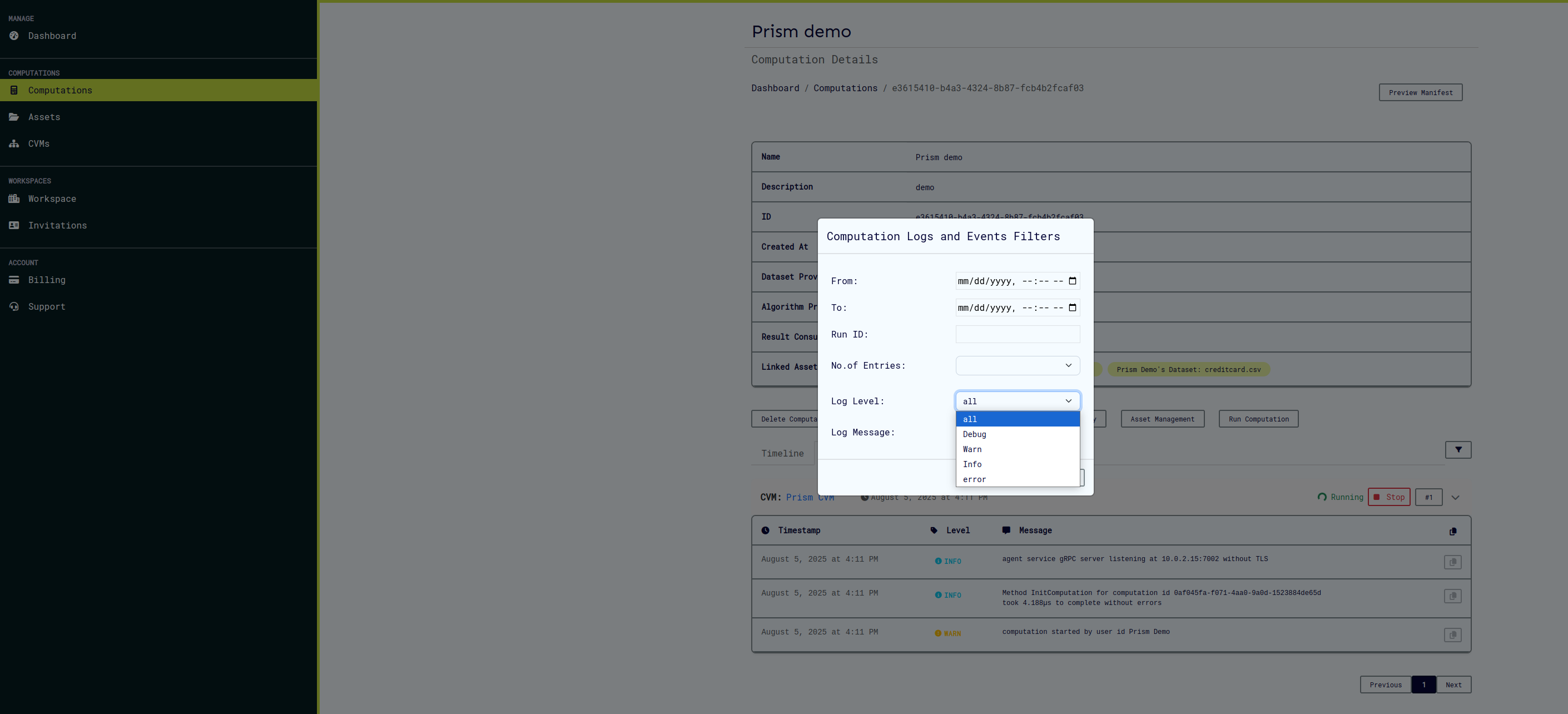 Filter Modal - Log Level