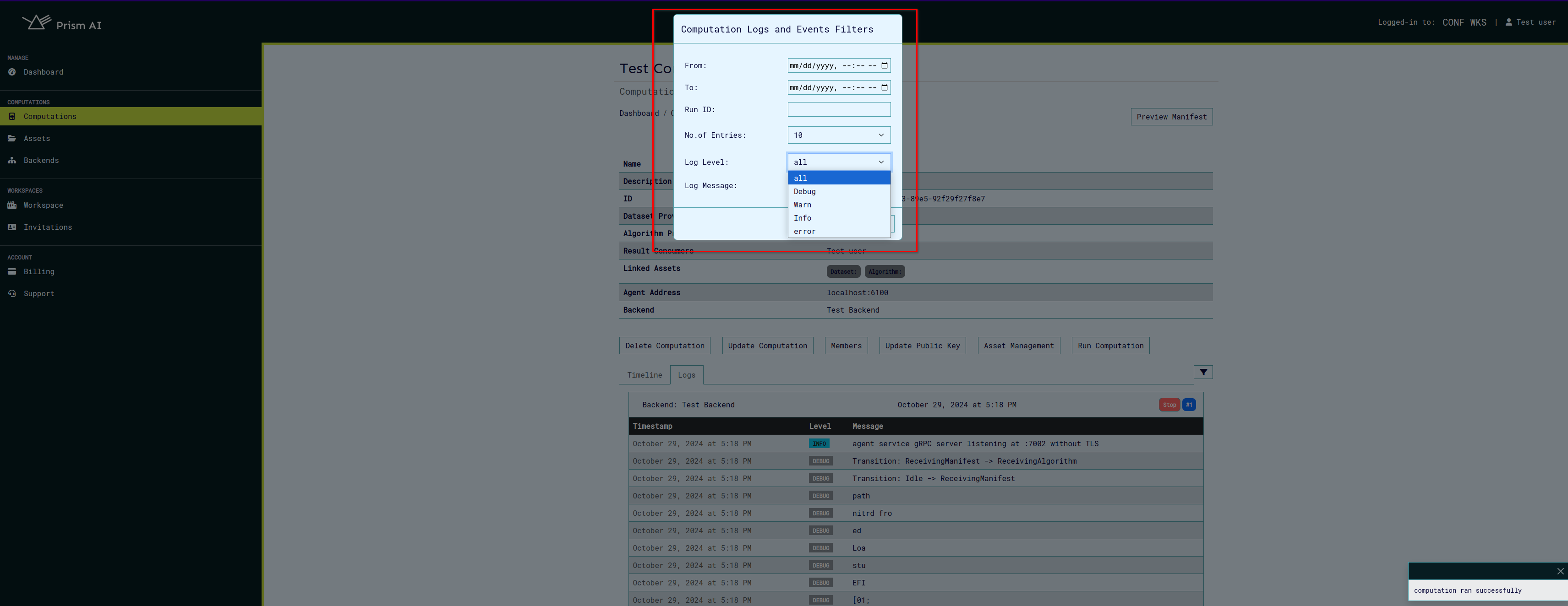 Filter Modal - Log Level